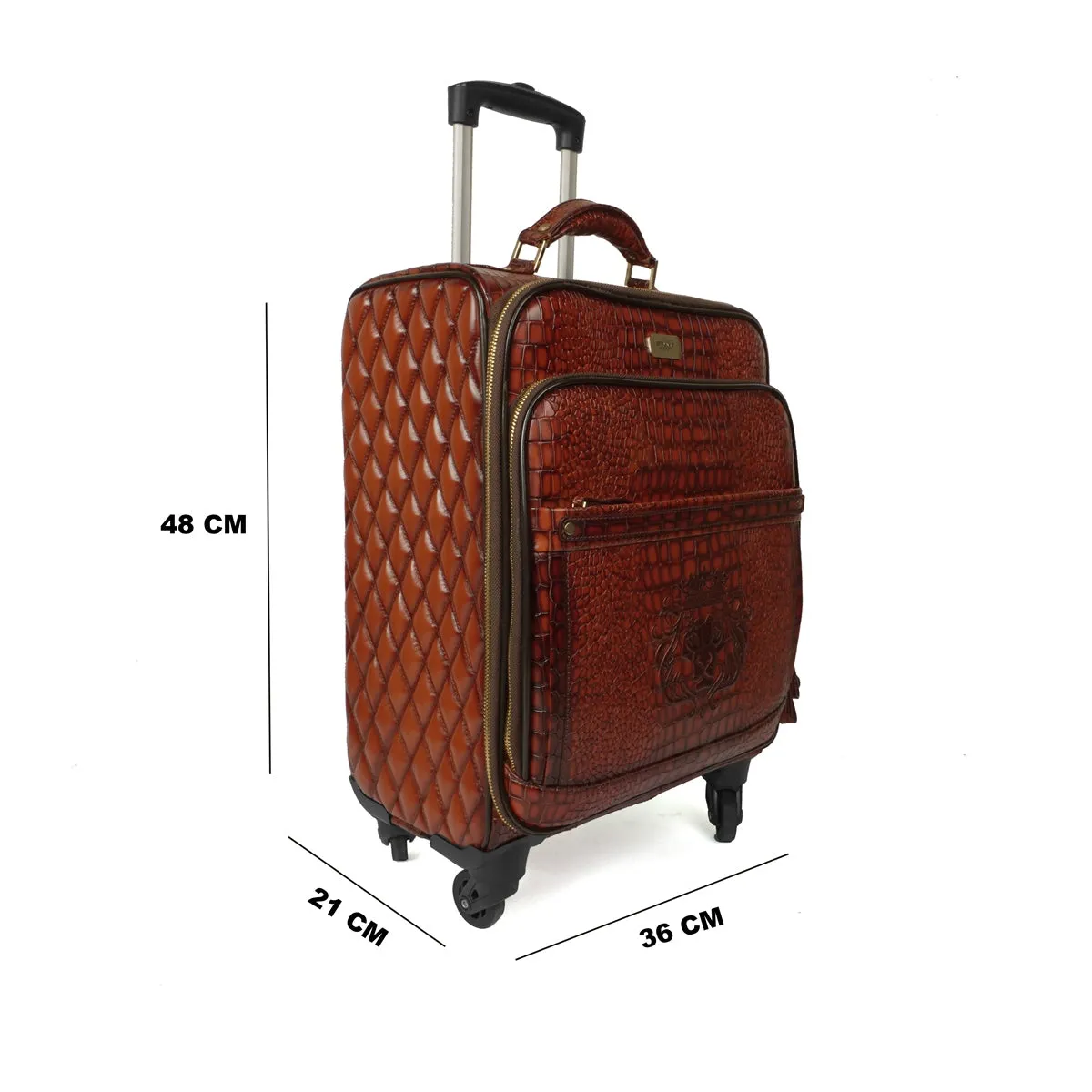 Luggage Strolley Leather Tan Croco Textured with Diamond Stitched Quad Wheel Cabin Bag