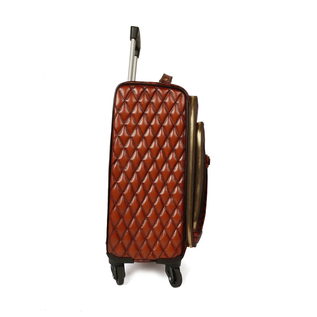 Luggage Strolley Leather Tan Croco Textured with Diamond Stitched Quad Wheel Cabin Bag