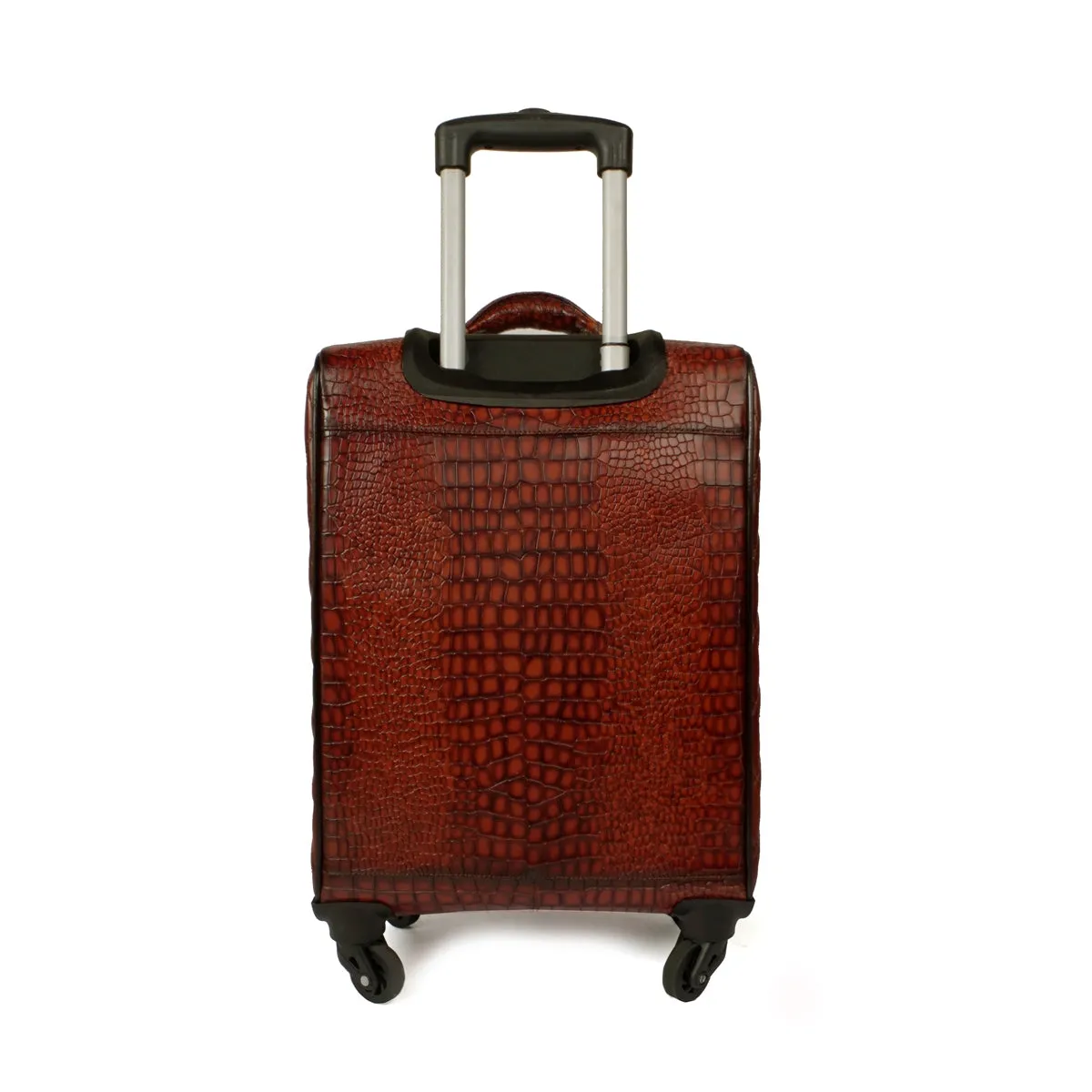 Luggage Strolley Leather Tan Croco Textured with Diamond Stitched Quad Wheel Cabin Bag