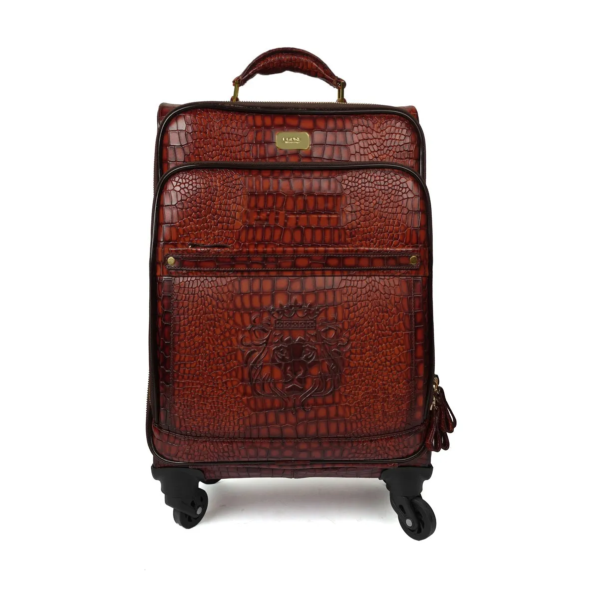 Luggage Strolley Leather Tan Croco Textured with Diamond Stitched Quad Wheel Cabin Bag