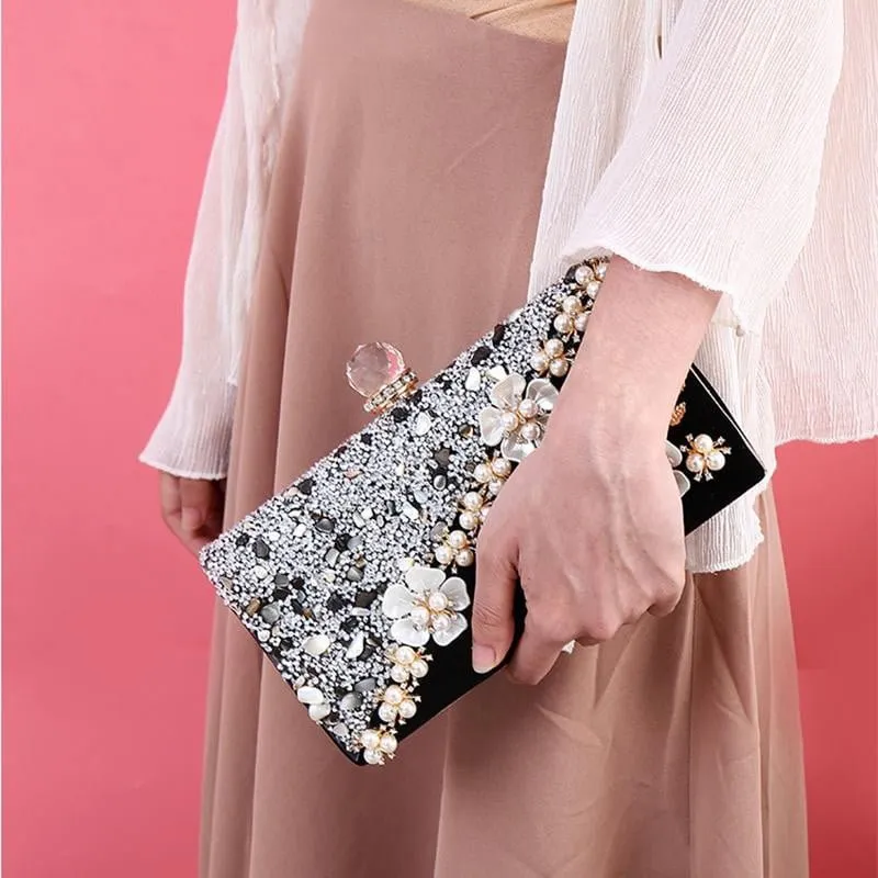 Luxy Moon Flower Evening Bags with Pearl Embellishment