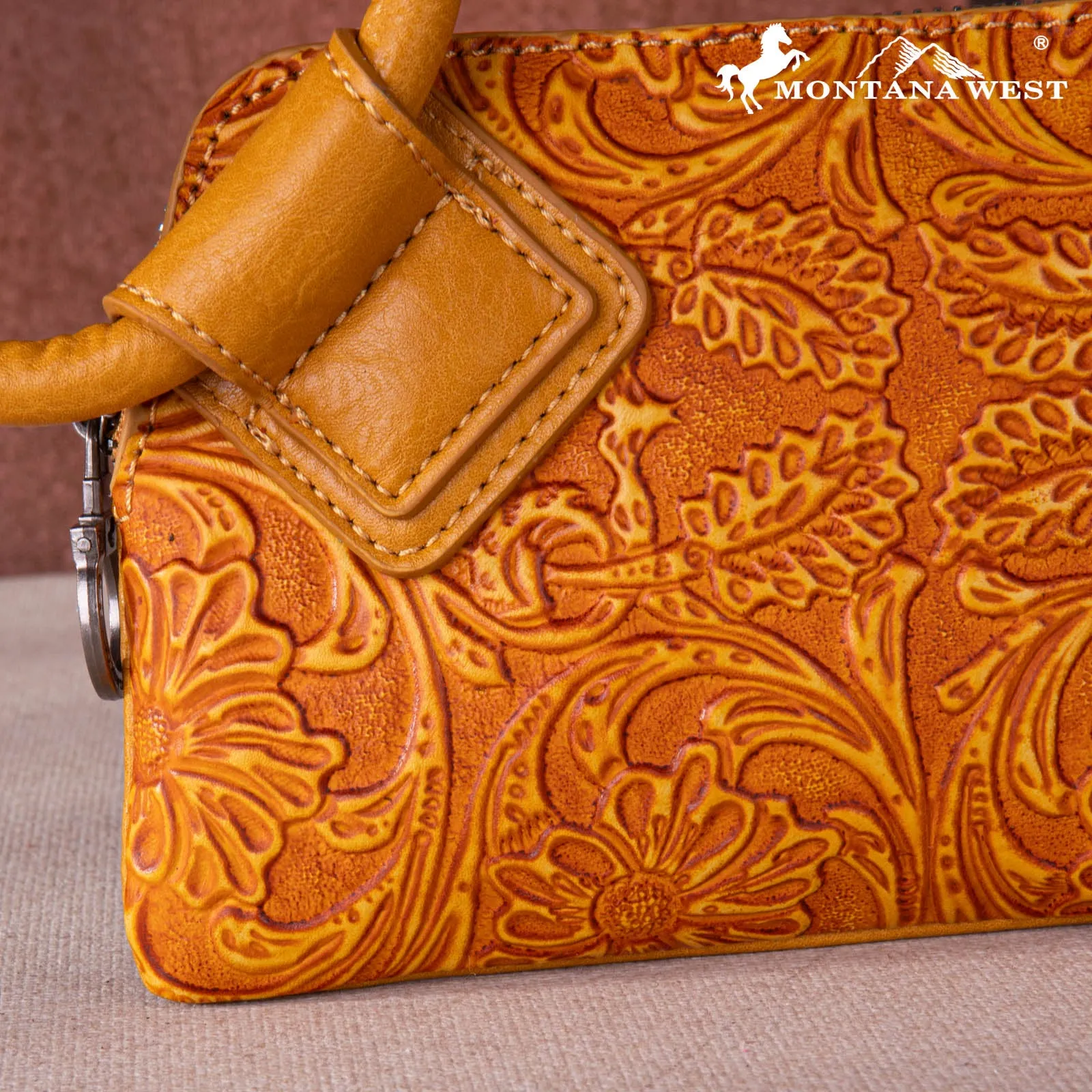 MW1260-B181 Montana West Floral Tooled Ring Handle Wristlet Clutch Bag