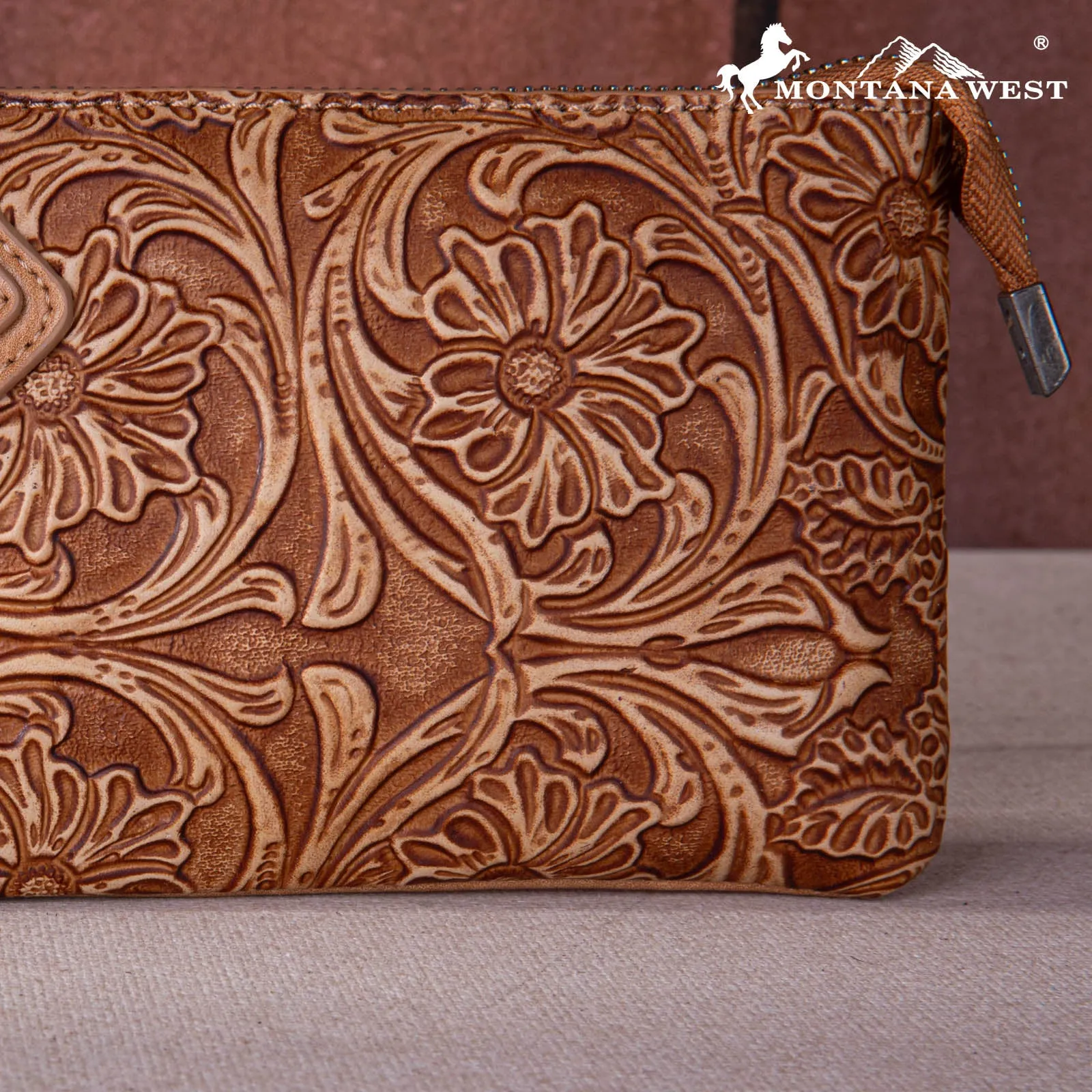 MW1260-B181 Montana West Floral Tooled Ring Handle Wristlet Clutch Bag