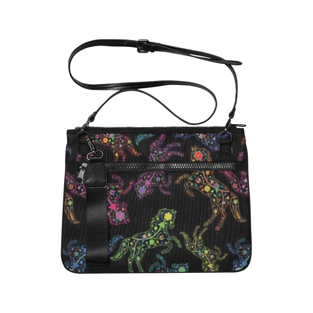 Neon Floral Horses Slim Clutch Bag