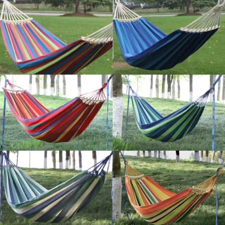 Outdoor Double Thickened Canvas Hammock Indoor Swing with Detachable Curved Rod, Size:190x100cm(Red Stripe)