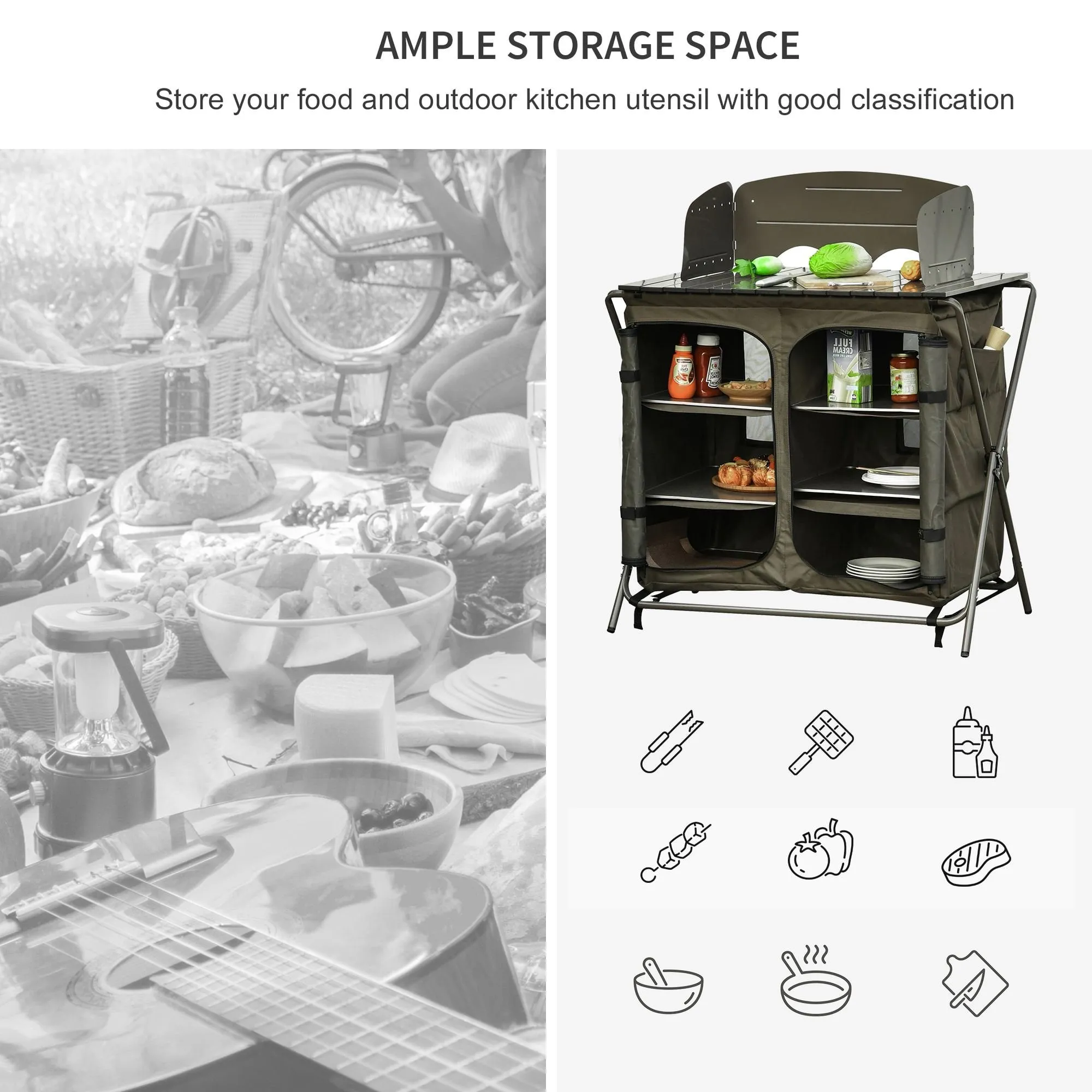 Outsunny Foldable Camping Kitchen Storage Unit with Windshield & 6 Shelves for BBQ Party Picnics Backyards with Carrying Bag