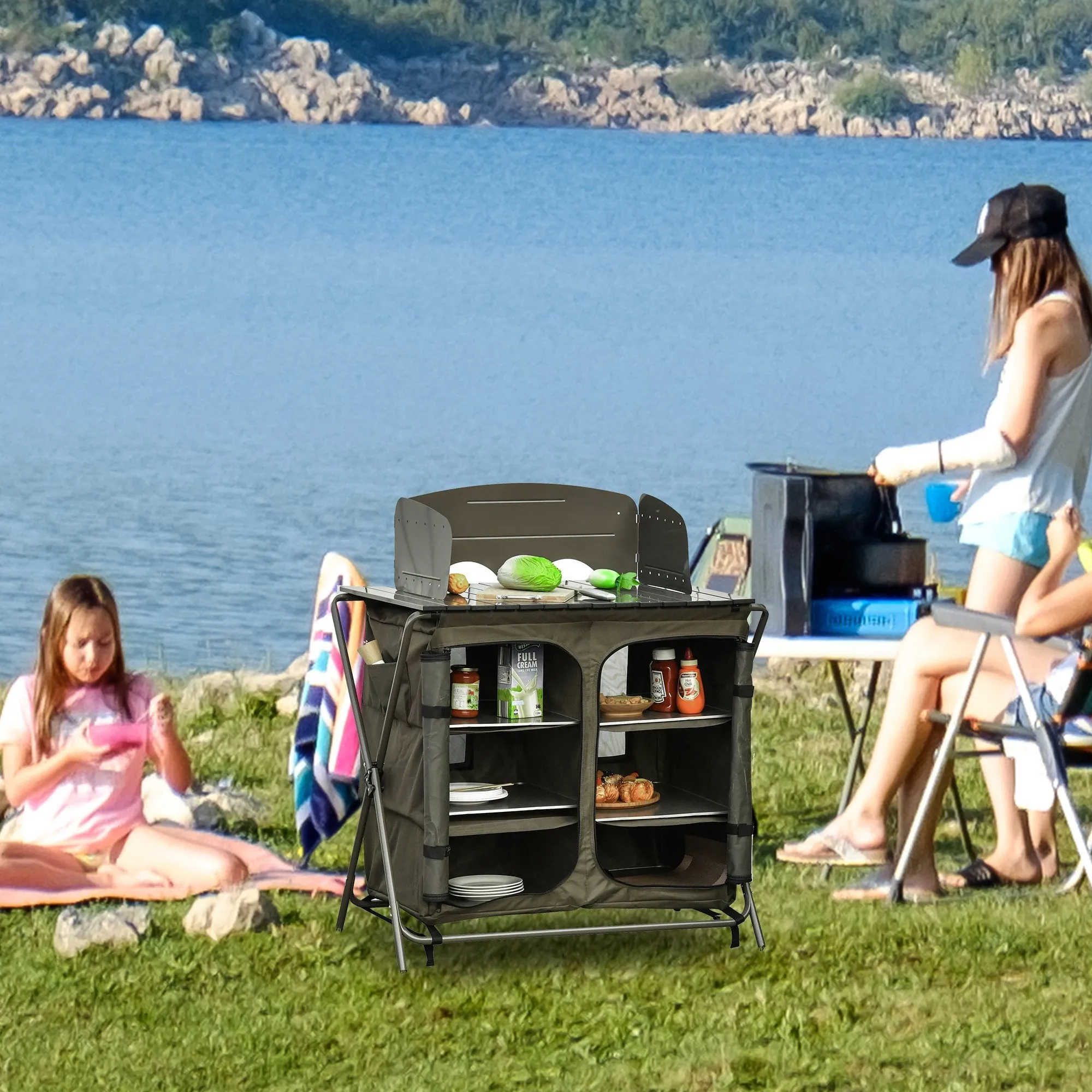 Outsunny Foldable Camping Kitchen Storage Unit with Windshield & 6 Shelves for BBQ Party Picnics Backyards with Carrying Bag