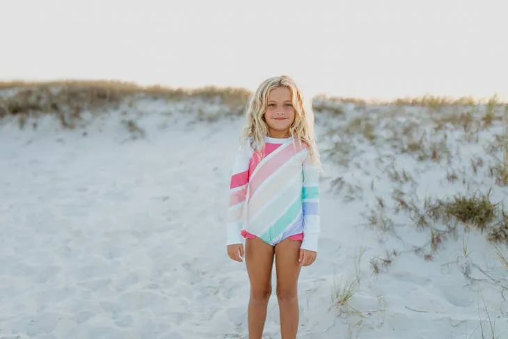 Pastel Rainbow Stripe Rash Guard Swimsuit