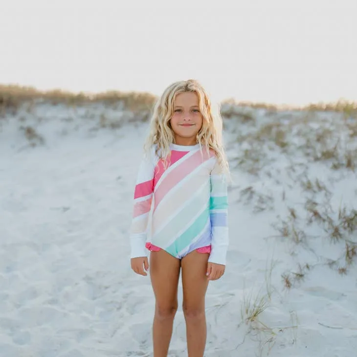 Pastel Rainbow Stripe Rash Guard Swimsuit