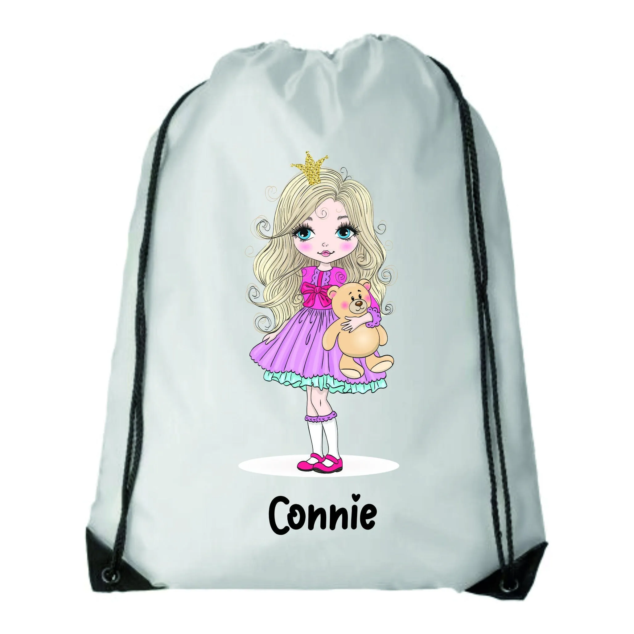 Personalised Cute Little Girl Teddy bear Drawstring Kids Bag school bag, PE Bag, Swimming Bag