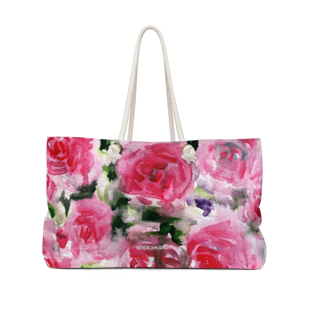 Pink Floral Print Weekender Bag, Best Flower Print Oversized 24"x13" Large Weekender Art Bag - Made in USA