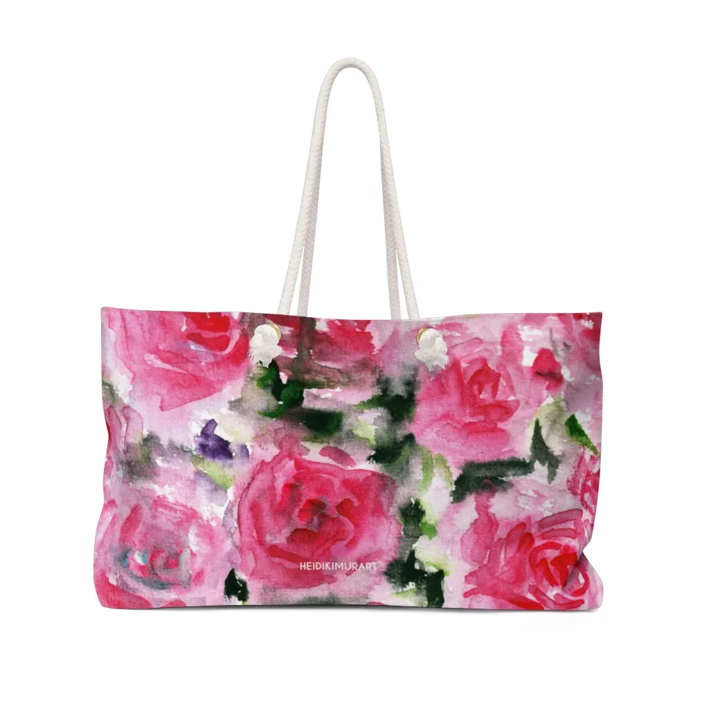 Pink Floral Print Weekender Bag, Best Flower Print Oversized 24"x13" Large Weekender Art Bag - Made in USA