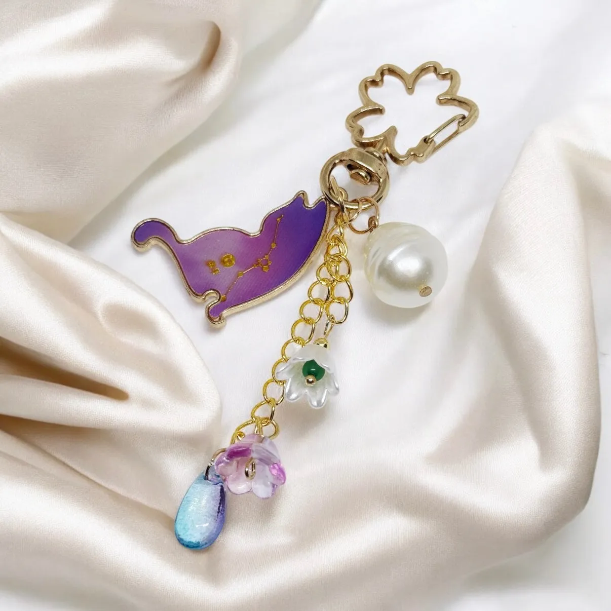 Purple cat key charm | key chain | golden chain with flowers and droplets