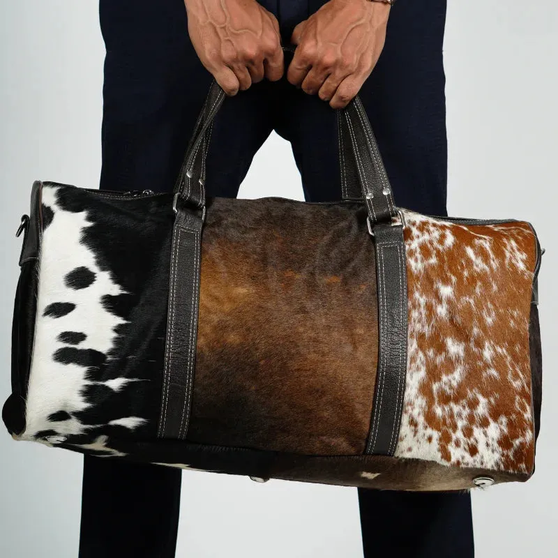 Real Cowhide leather tri-color duffel bag-Brown, Black and white color