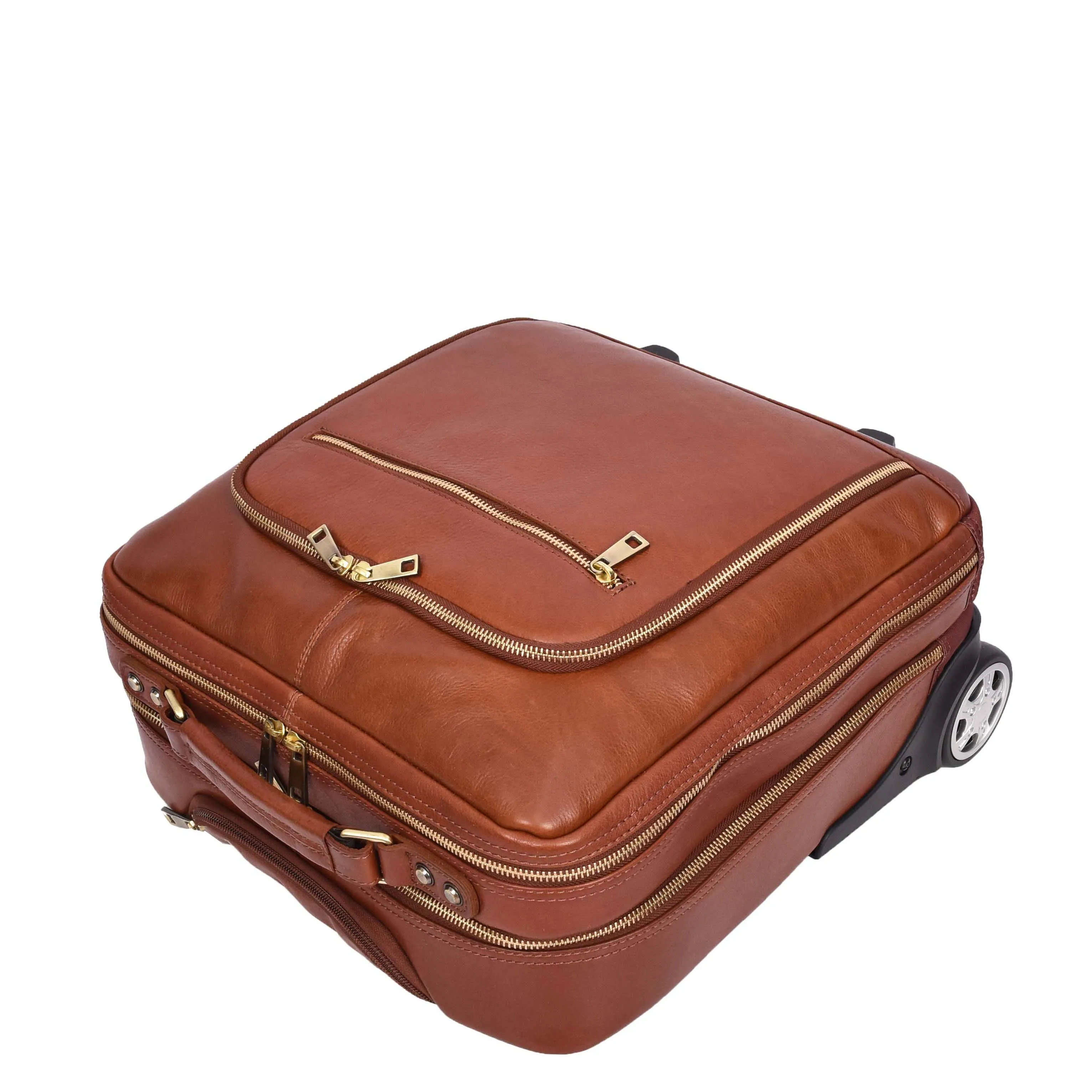 Real Leather Pilot Case Wheels Telescopic Handle for Business Travel Bag Sussex Tan