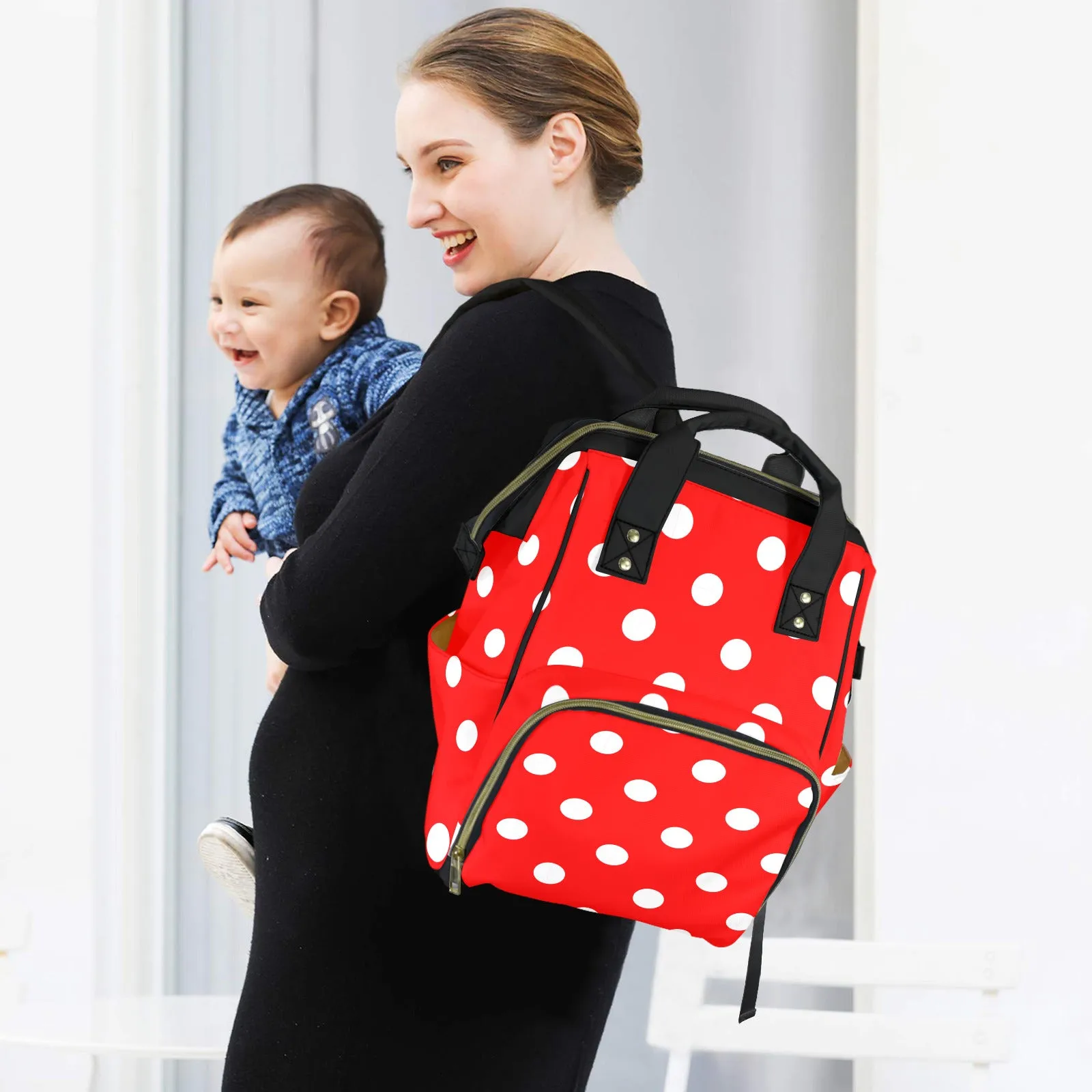 Red With White Polka Dots Multi-Function Diaper Bag