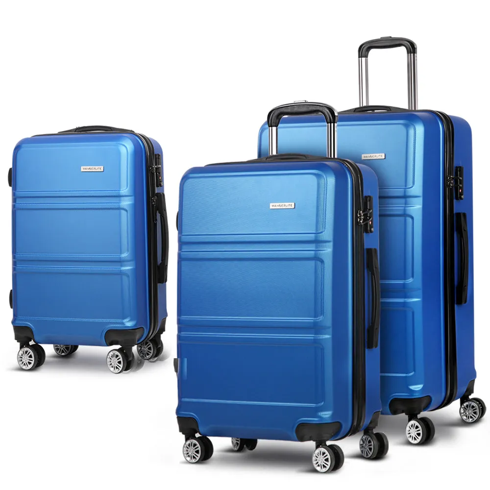 Set of 3 Luggage Trolley Set Suitcase Travel TSA Hard Case Blue