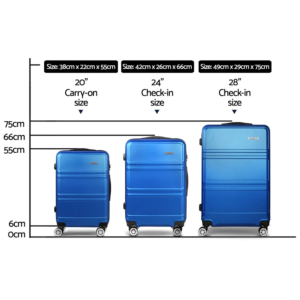 Set of 3 Luggage Trolley Set Suitcase Travel TSA Hard Case Blue