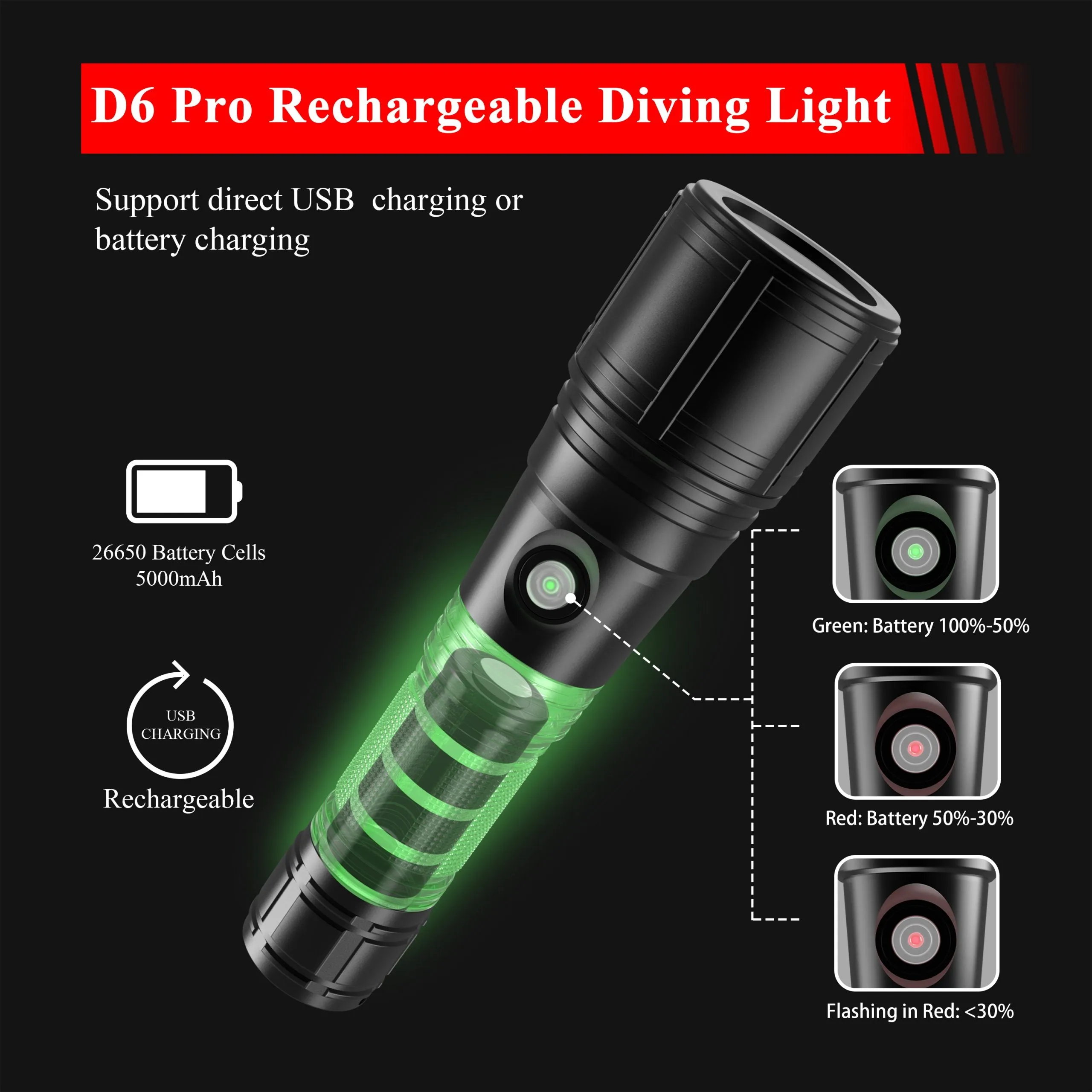 Skywoods Range D6S Pro Rechargeable Diving Torch 3000 lumens