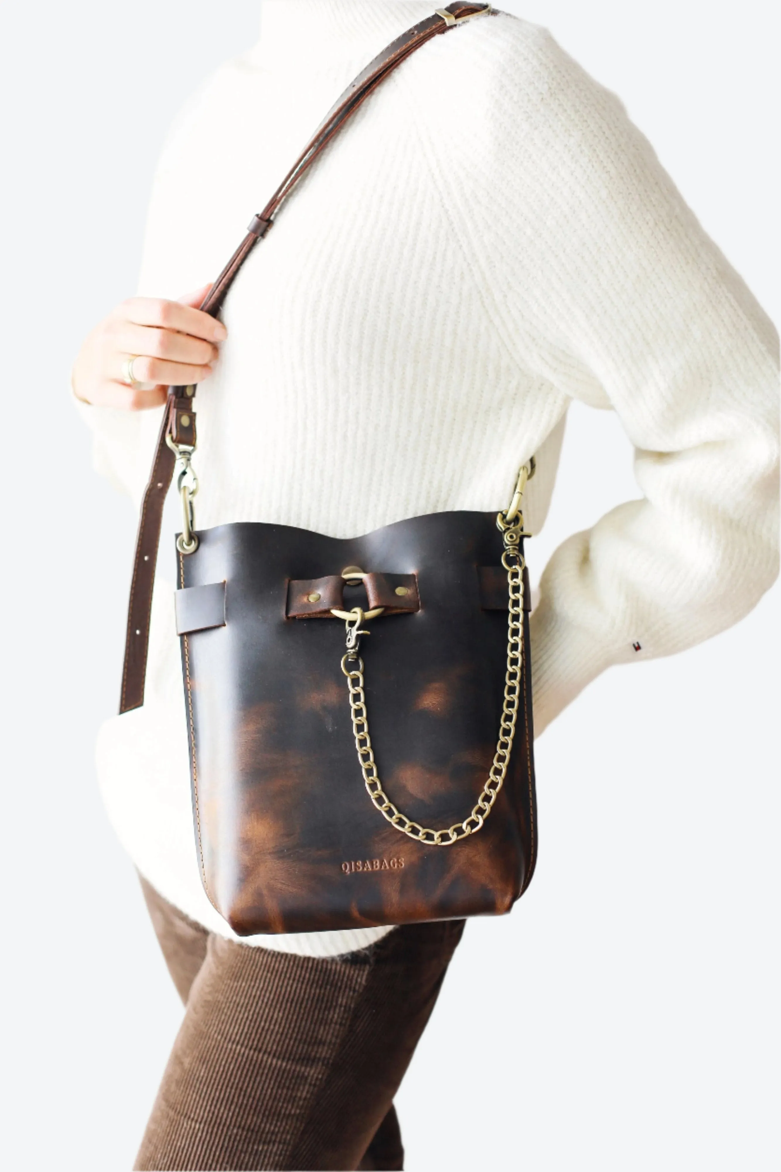 Small Dark Brown Leather Bag - "Ring Belt Edition"