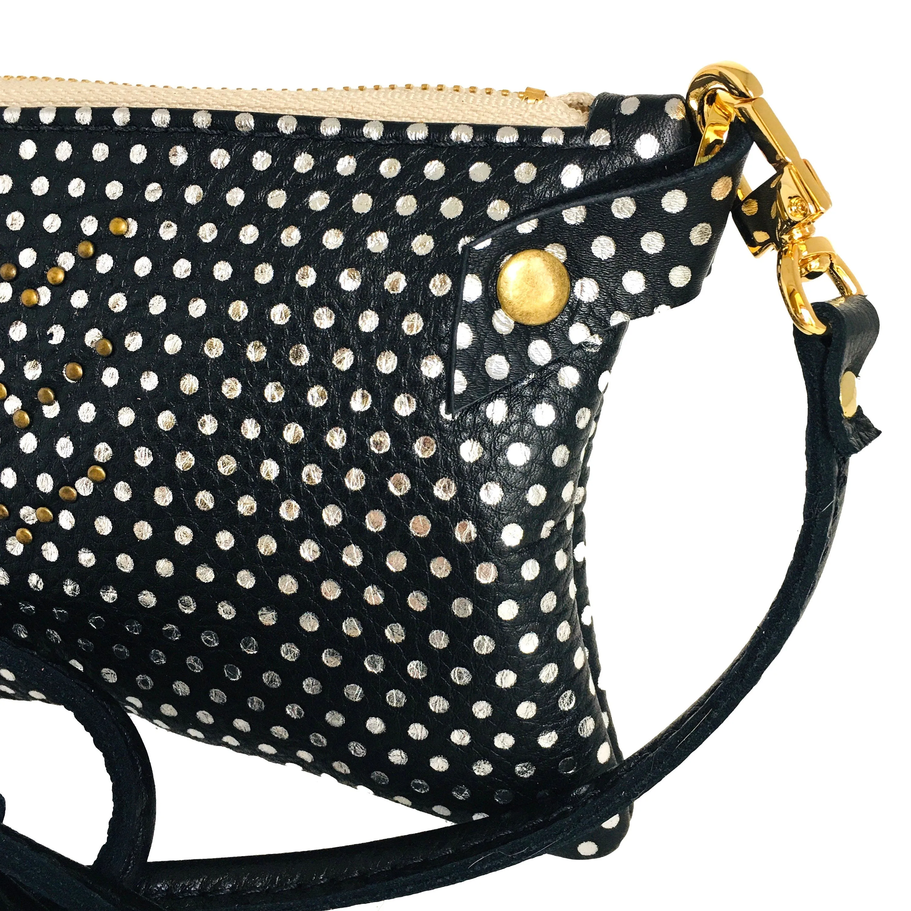 Small Leather Crossbody Purse - Cross Body Bag - Black With Metallic Silver Polka Dots - Ready To Ship