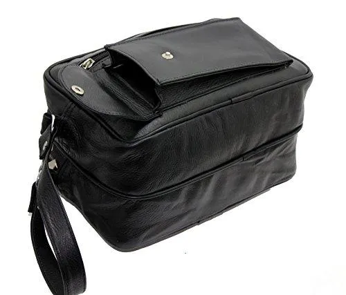 STARHIDE Mens Real Leather Multi Compartments Toiletry Overnight Wash Gym Shaving Bag with Grab Handle Strap Black 515