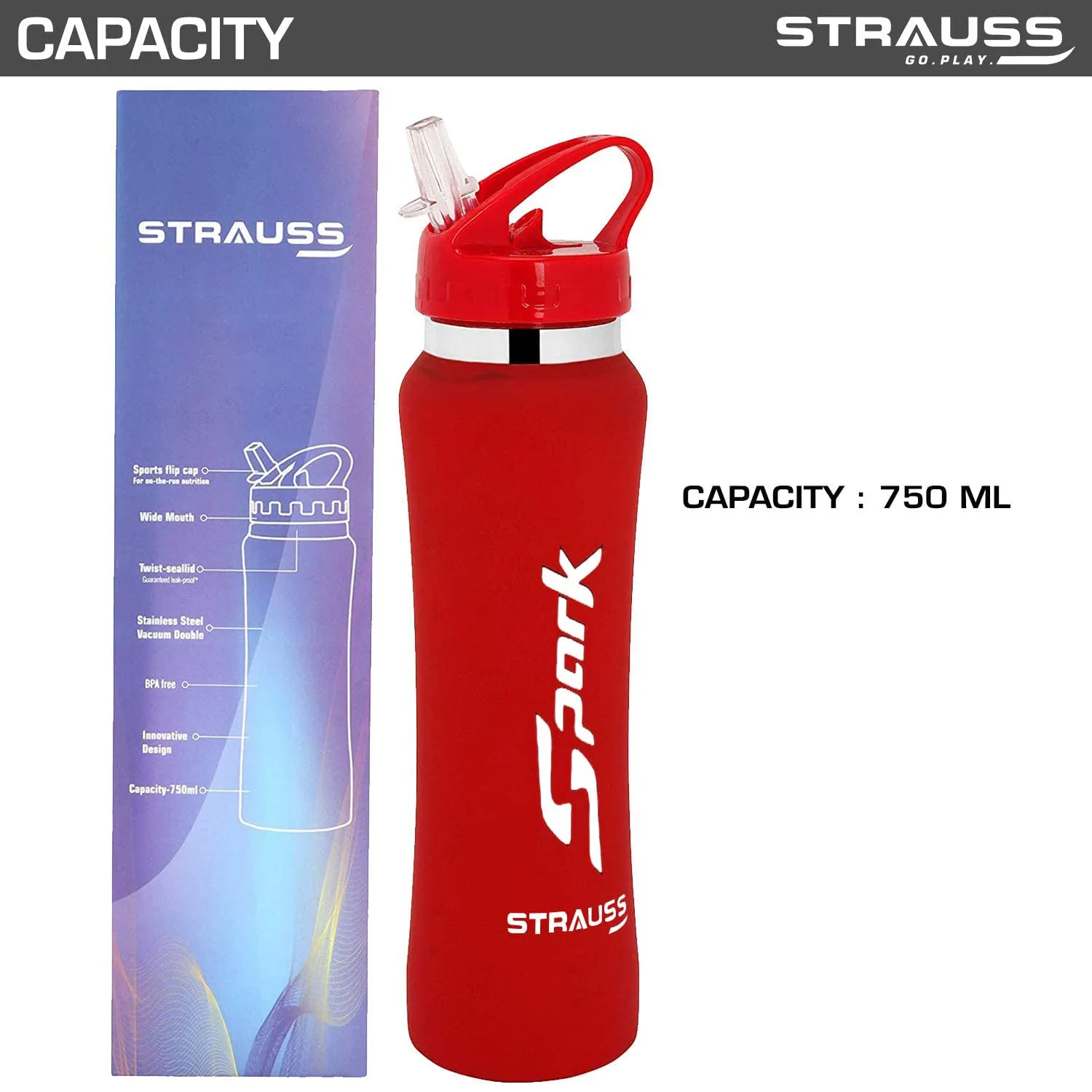 STRAUSS Spark Stainless-Steel Bottle, Rubber Finish, 750 ml, (Red), (Pack of 2)