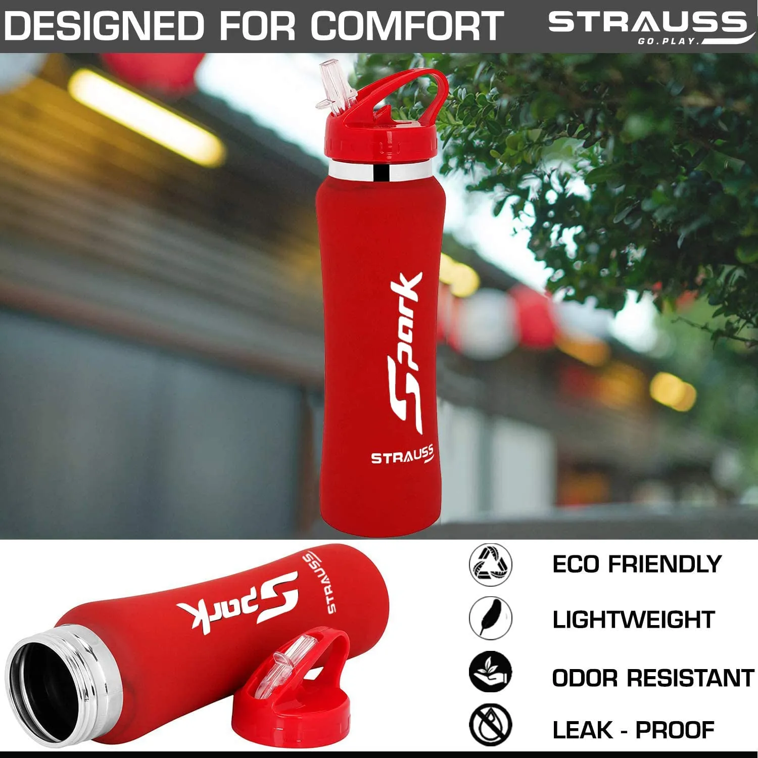 STRAUSS Spark Stainless-Steel Bottle, Rubber Finish, 750 ml, (Red), (Pack of 2)