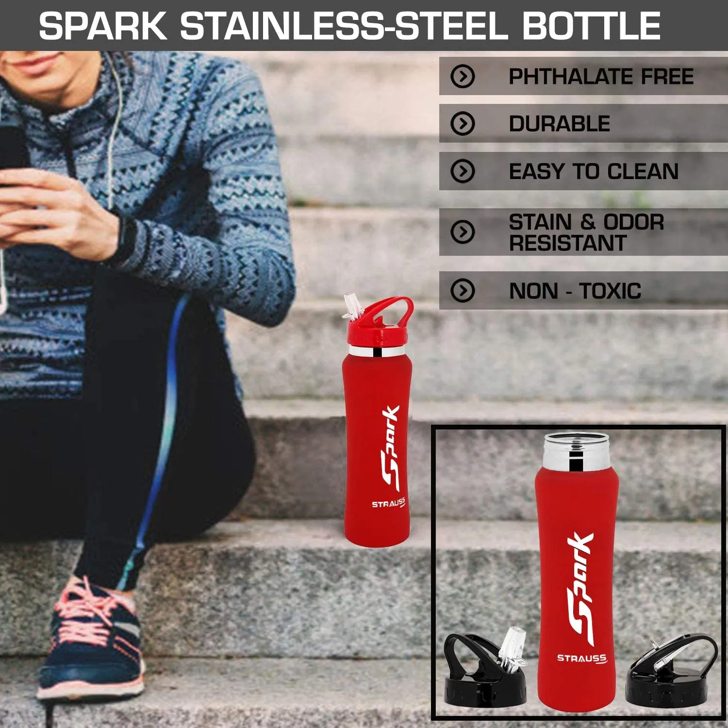 STRAUSS Spark Stainless-Steel Bottle, Rubber Finish, 750 ml, (Red), (Pack of 2)