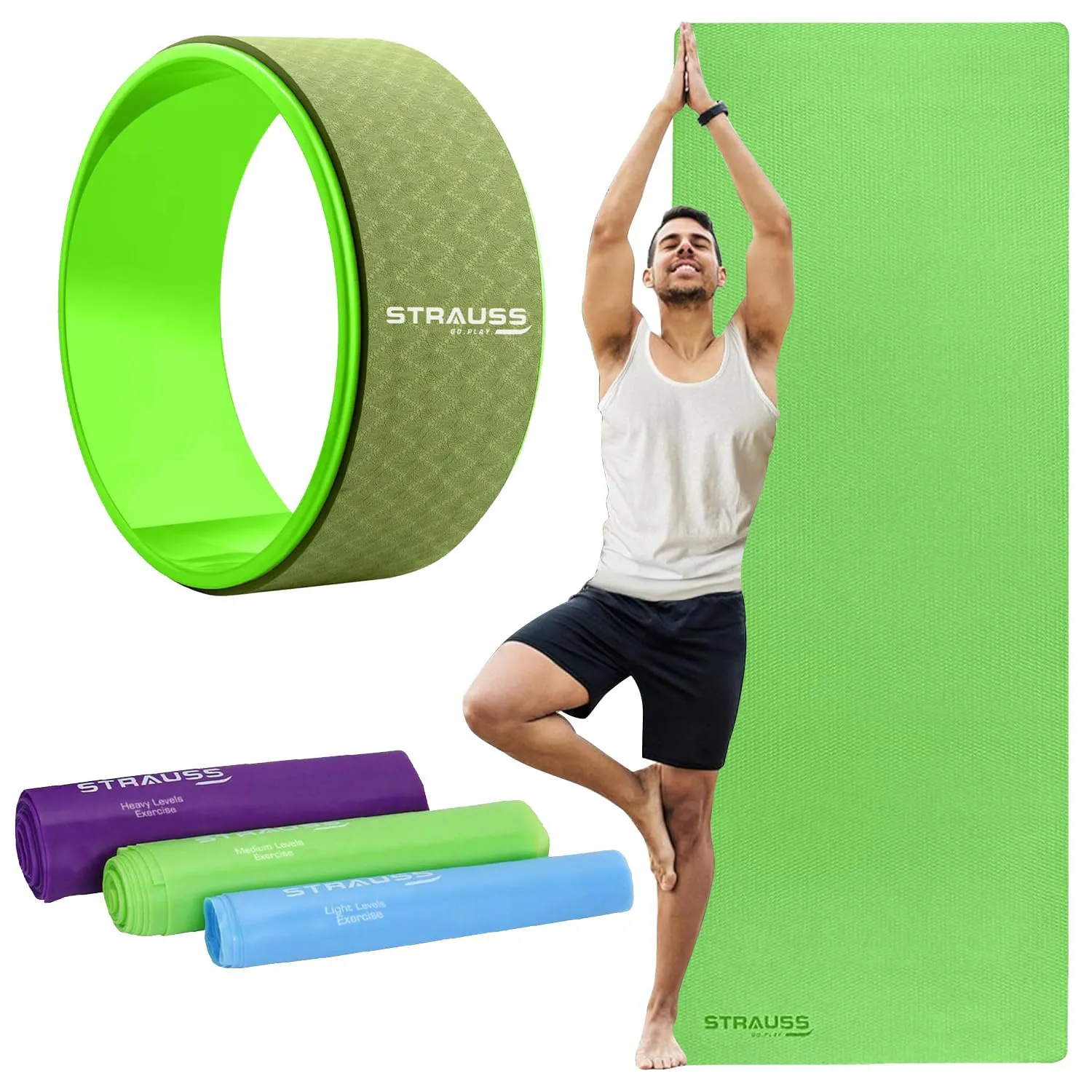 STRAUSS Yoga Combo Kit| 6mm Green EVA Yoga Mat| 3 Pack Multicolor Latex Resistance bands|12 inch Green Yoga Wheel, Ideal for Yoga & Training