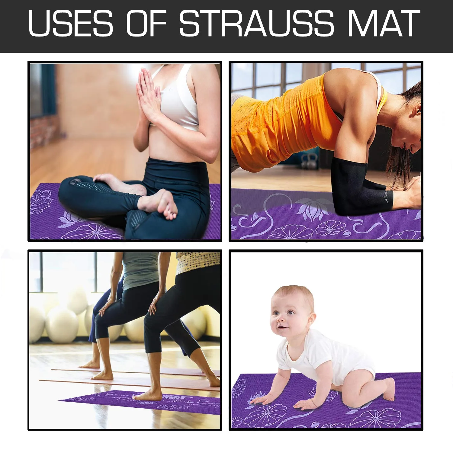 Strauss Yoga Mat, 6mm (Purple Floral) and Yoga Mat Bag,Polka Dots Pink (Full Zip)