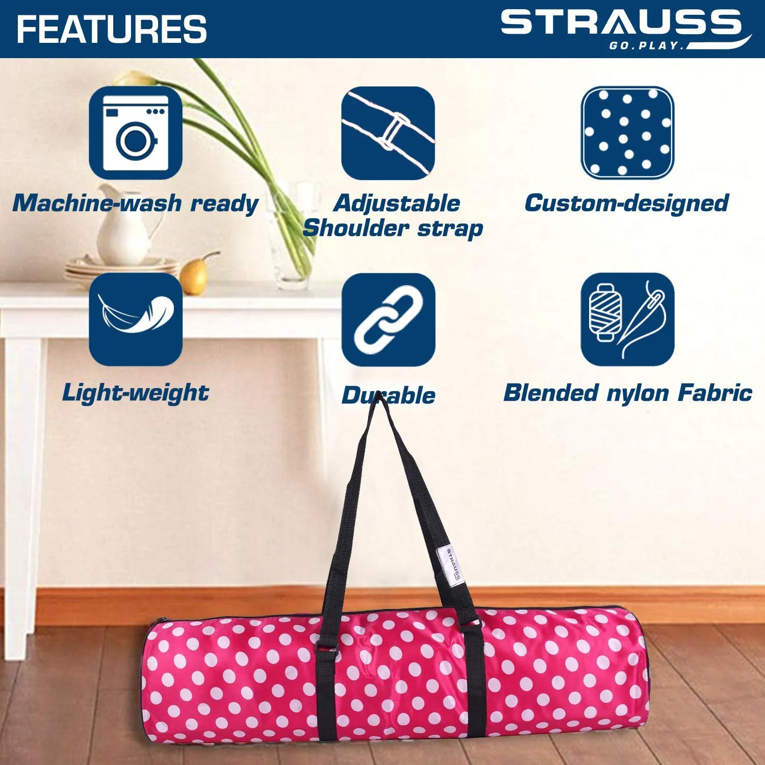 Strauss Yoga Mat, 6mm (Purple Floral) and Yoga Mat Bag,Polka Dots Pink (Full Zip)