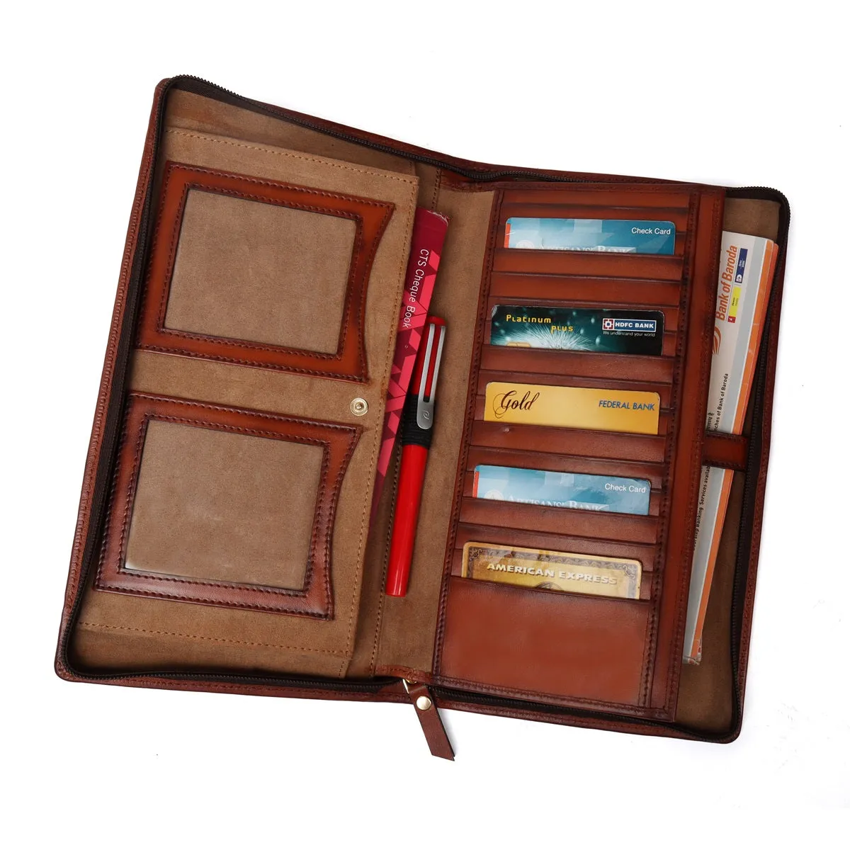 Tan Bi-Fold Multi pockets Document Holder with zip Closure By Brune & Bareskin