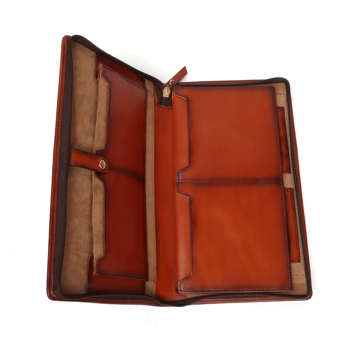 Tan Bi-Fold Multi pockets Document Holder with zip Closure By Brune & Bareskin