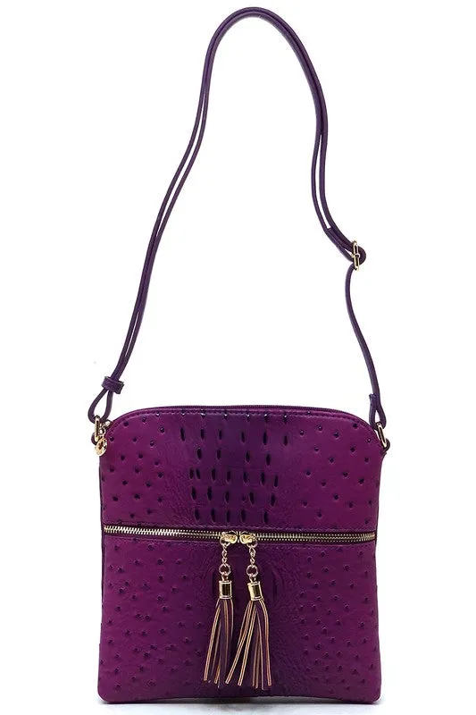 TEEK - Ostrich Croc Zip Tassel Crossbody Bag