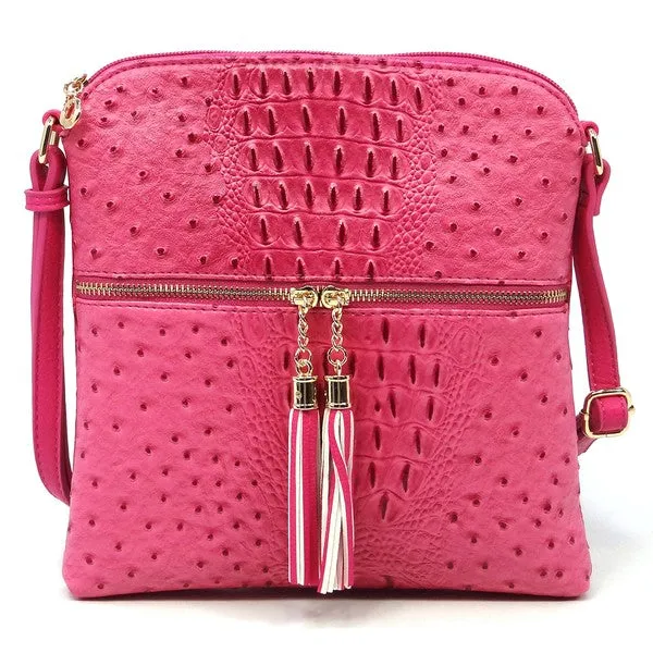 TEEK - Ostrich Croc Zip Tassel Crossbody Bag