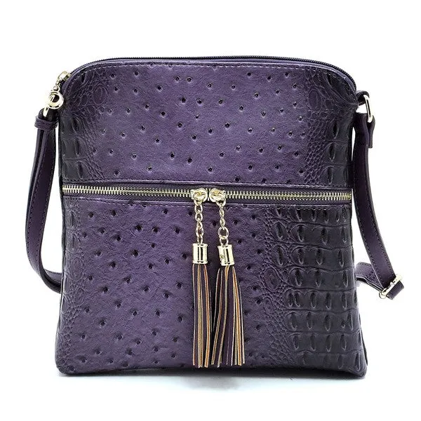 TEEK - Ostrich Croc Zip Tassel Crossbody Bag