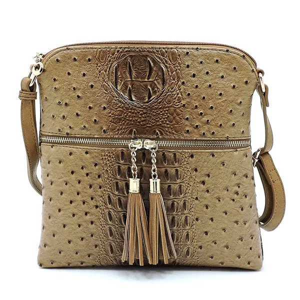 TEEK - Ostrich Croc Zip Tassel Crossbody Bag