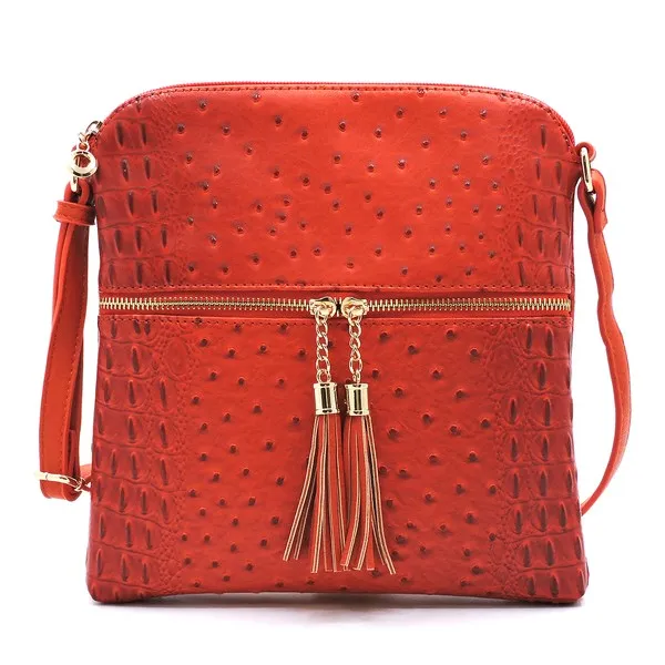 TEEK - Ostrich Croc Zip Tassel Crossbody Bag