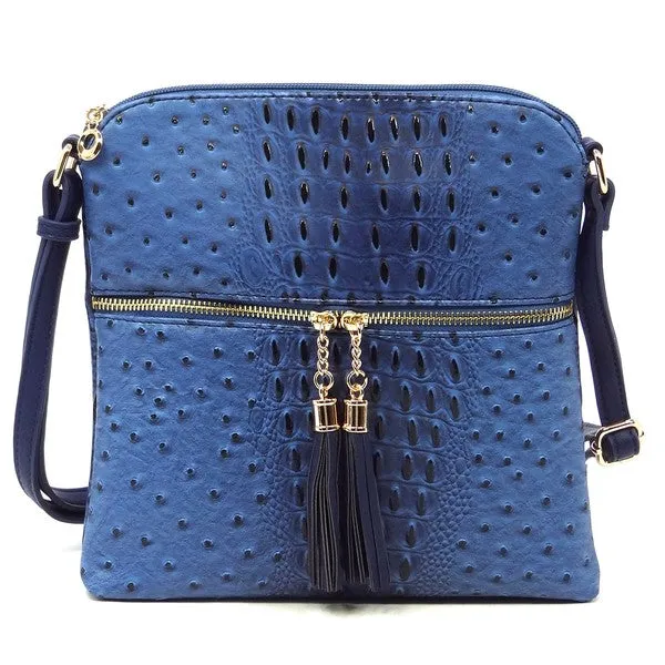 TEEK - Ostrich Croc Zip Tassel Crossbody Bag