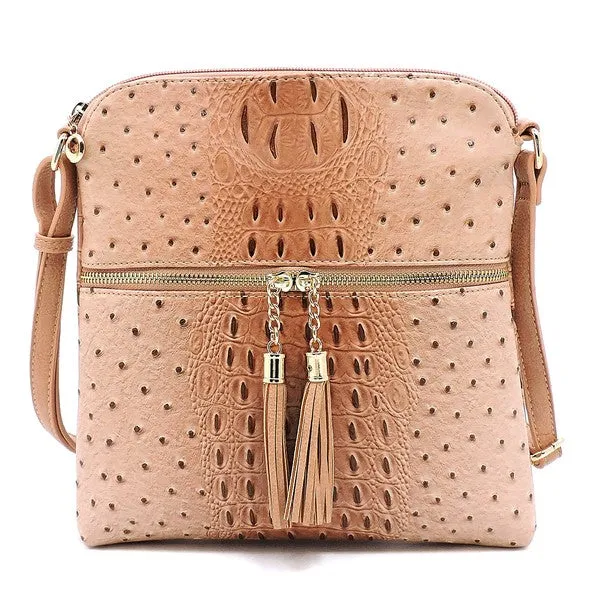 TEEK - Ostrich Croc Zip Tassel Crossbody Bag