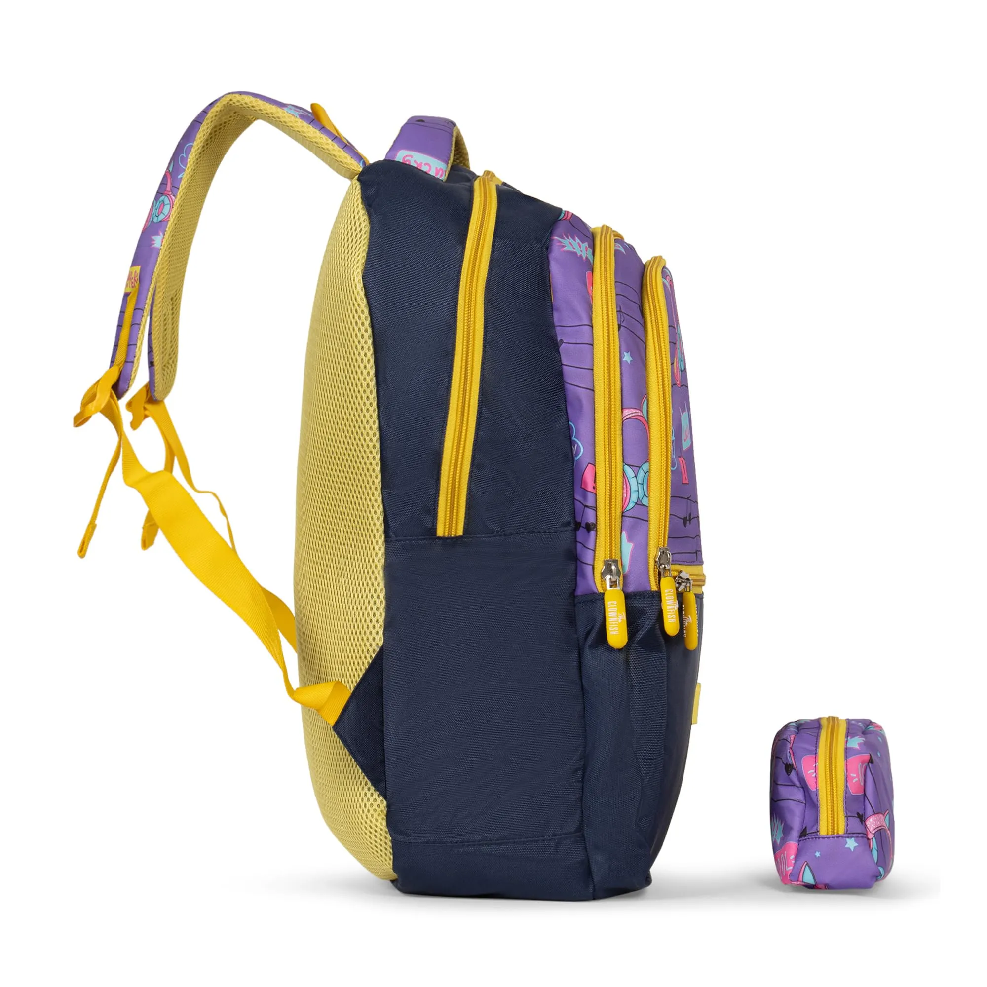 The Clownfish Edutrek Series Printed Polyester 33.5 L School Backpack with Pencil/Stationery Pouch School Bag Zip Pocket Daypack Picnic Bag For School Going Boys & Girls Age-10  years (Violet - Music)