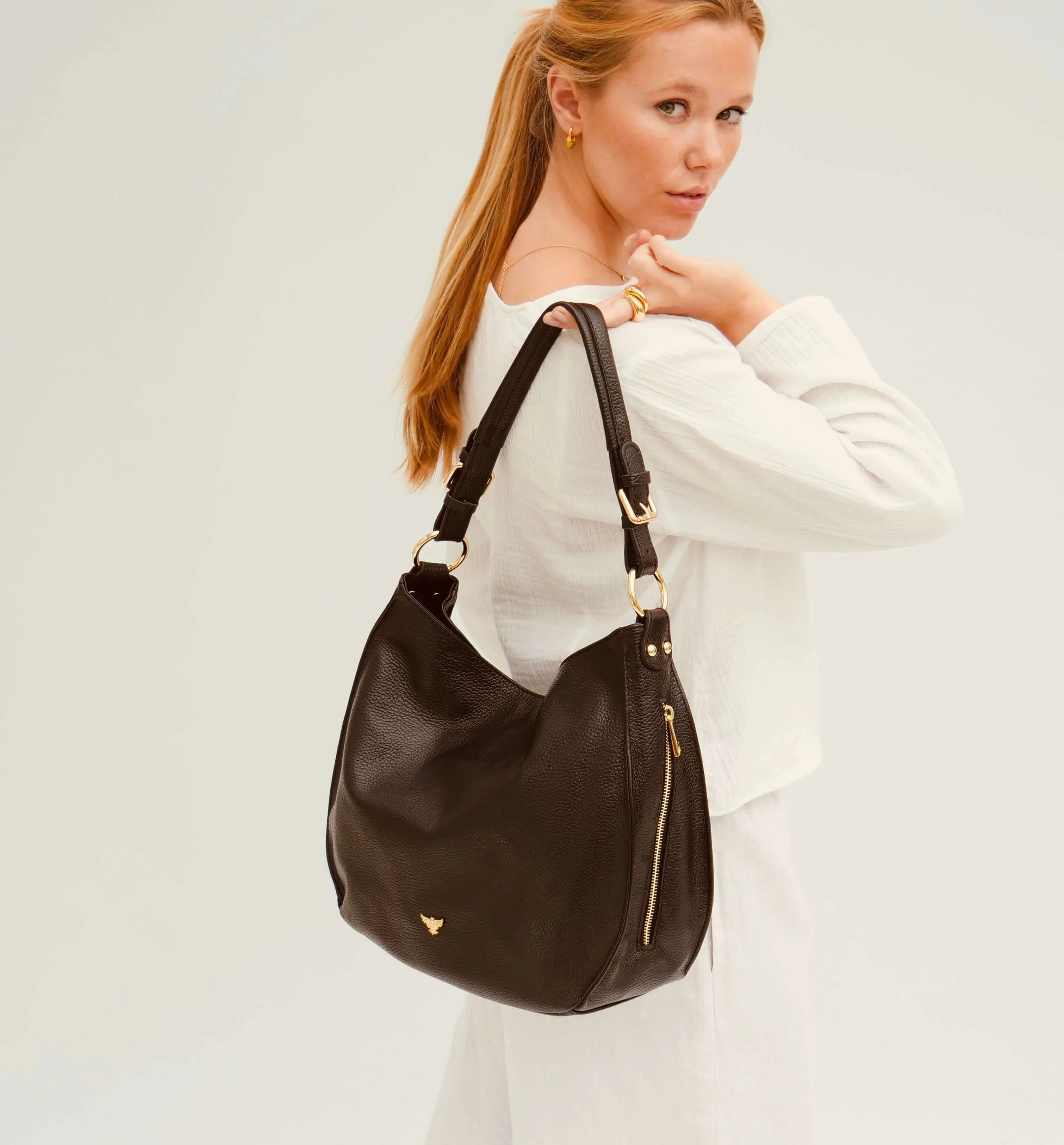 The Harriet Black Leather Bag With Black & Gold Chevron Strap