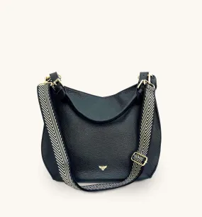 The Harriet Black Leather Bag With Black & Gold Chevron Strap