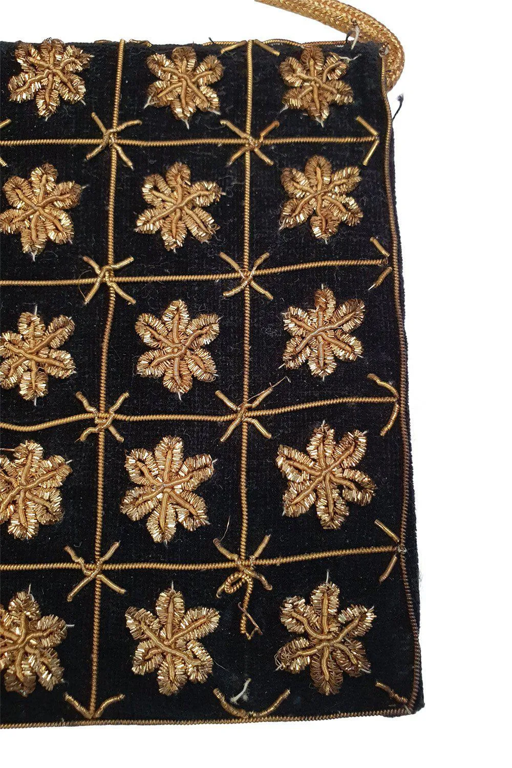 VINTAGE 1930s Black Velvet Embroidered Gold Five Point Flower Repeat Zardozi (S)