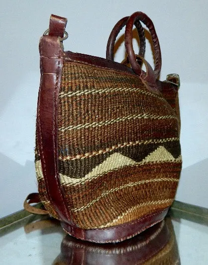 vintage 1970s woven seagrass bag / Kilim weave basket / oversized leather tote shoulder purse