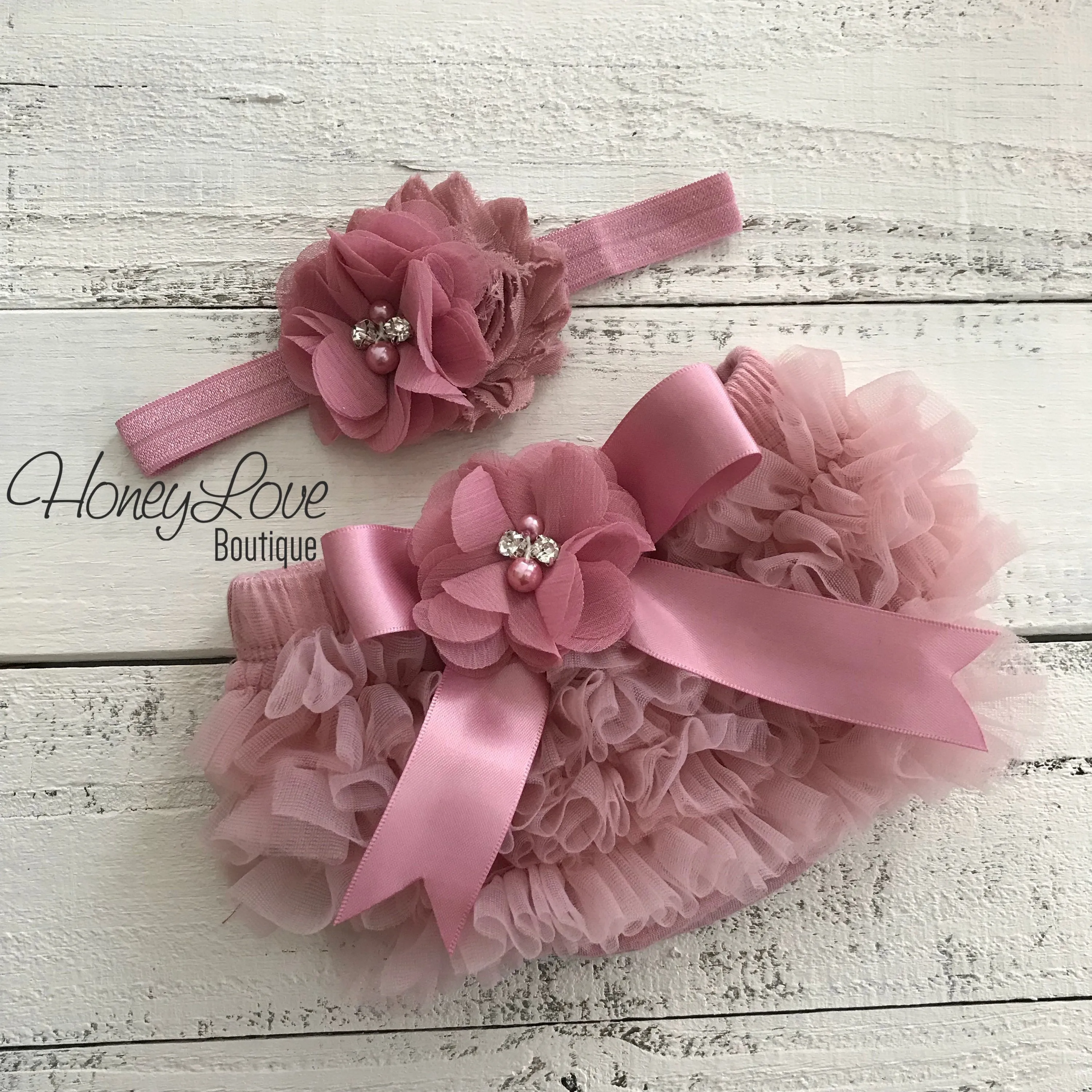 Vintage Pink ruffle bottom bloomers and headband - embellished bloomers