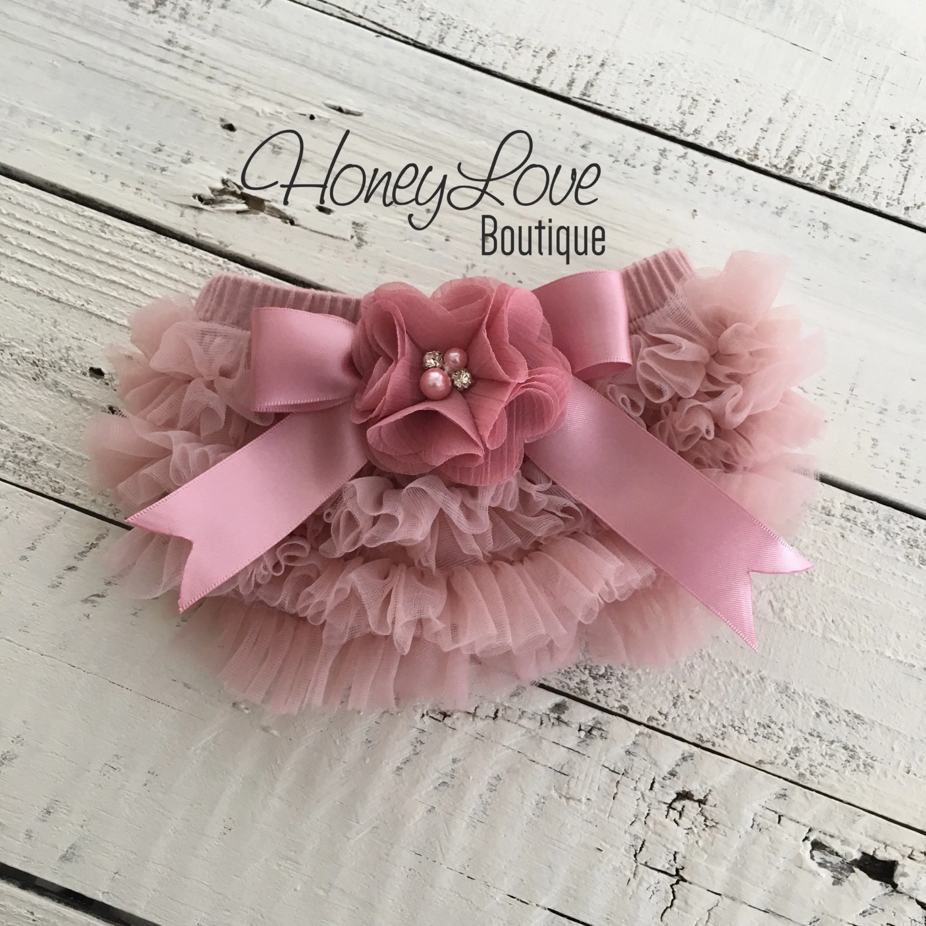 Vintage Pink ruffle bottom bloomers and headband - embellished bloomers