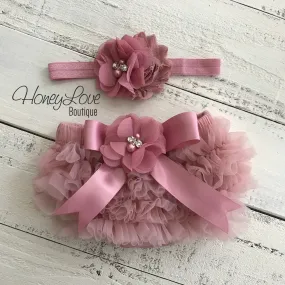 Vintage Pink ruffle bottom bloomers and headband - embellished bloomers