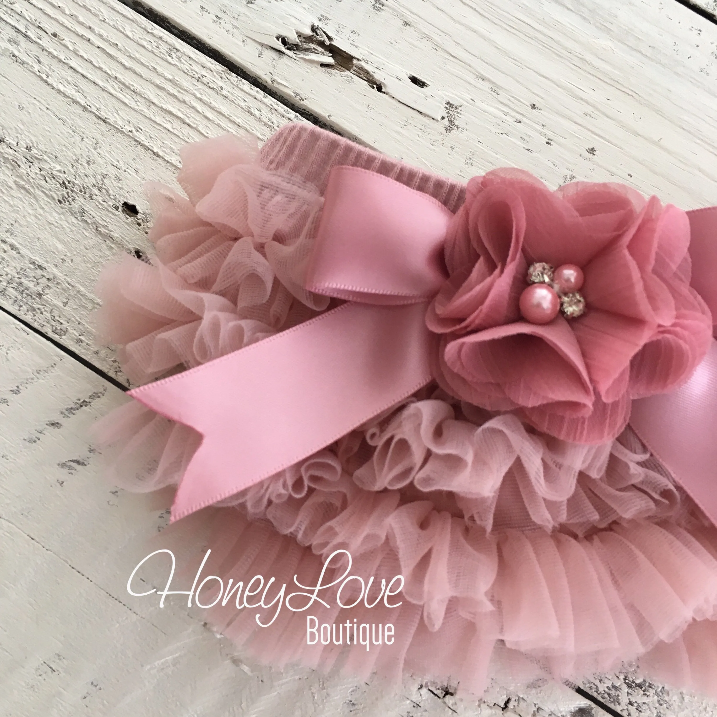 Vintage Pink ruffle bottom bloomers and headband - embellished bloomers